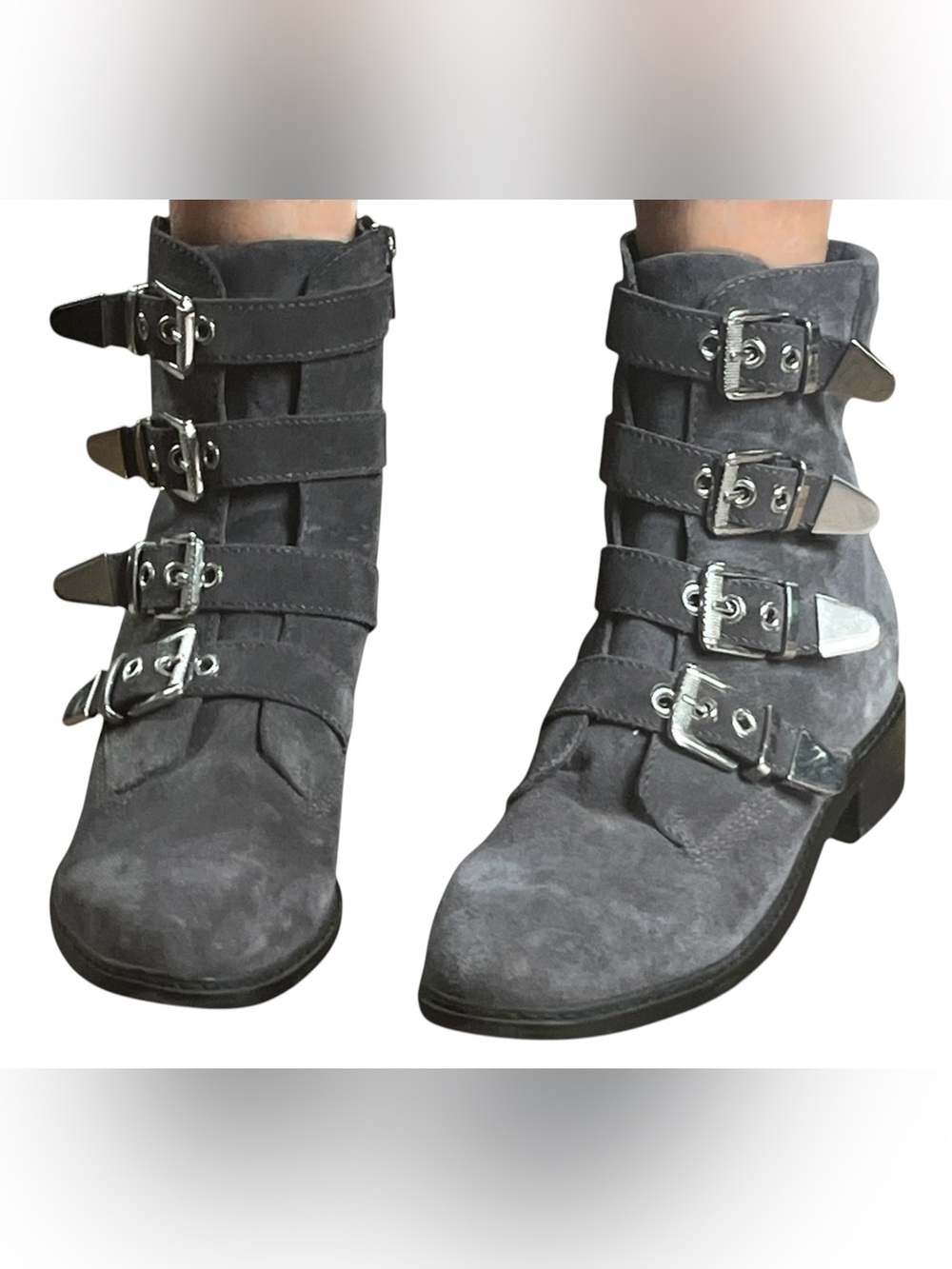 US 8 Marc Fisher Diante Gray Suede Buckle Ankle Boots